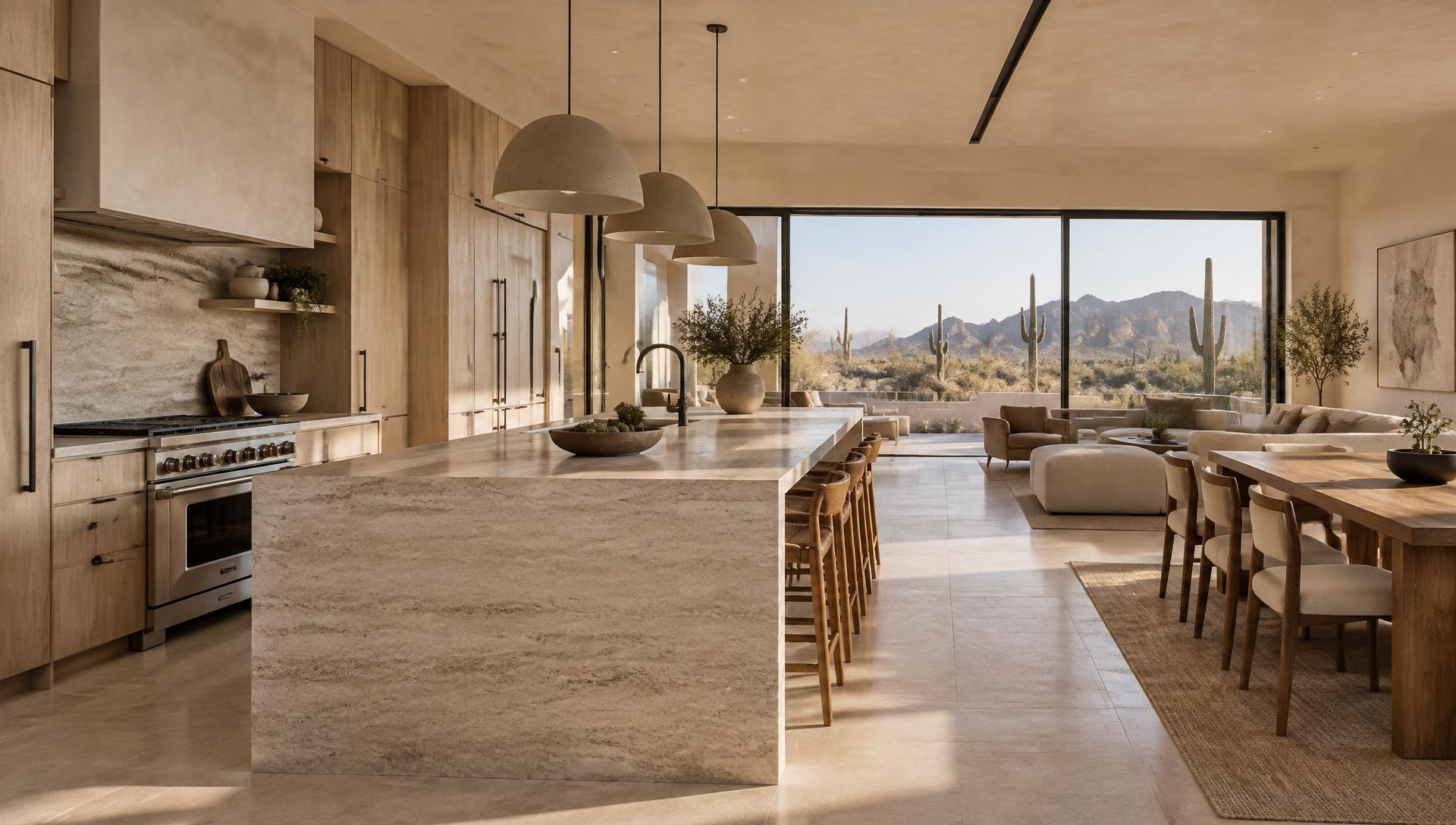 Contemporary open-concept kitchen with travertine island and desert views
